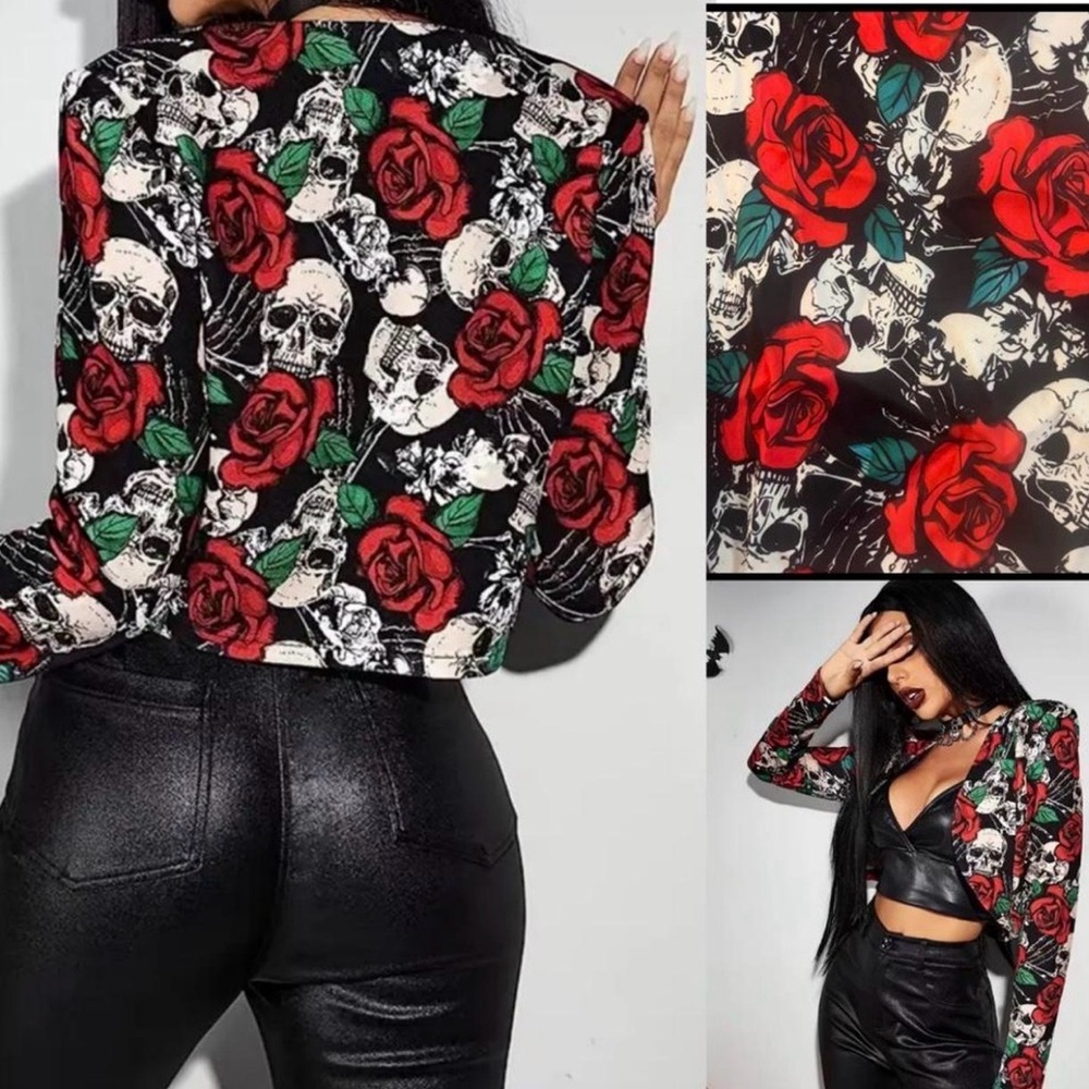 Gothic Skull Rose Print Cropped Blazer Jacket Small